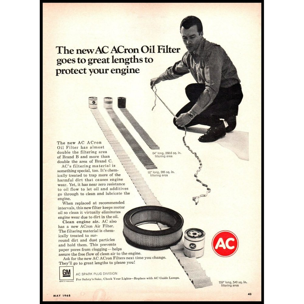 1968 AC Spark Plugs ACron Oil Filter Vintage Print Ad Engineer Tape Wall Art